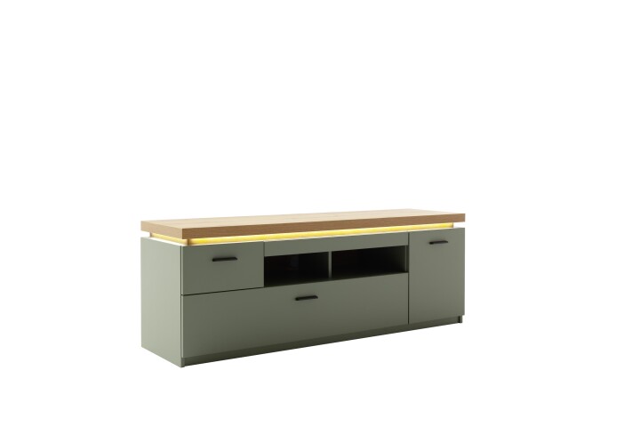 Lowboard >MONIZ< 2 Schübe, 1 Tür, Salbei grün / Eichenfarben Dekor - 156x57x44 (BxHxT)