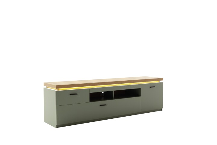 Lowboard >MONIZ< 2 Schübe, 1 Tür, Salbei grün / Eichenfarben Dekor - 195x57x44 (BxHxT)