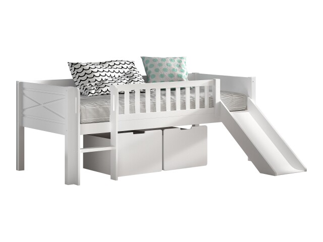 Spielbett >Scott< Rollrost, Rutsche, 90x200cm, Weiß, Massivholz - 208x83x175cm (BxHxT)