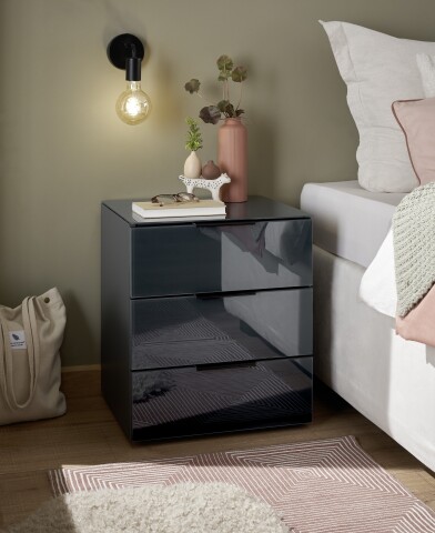 Nachtkommode >Pari< 3 Schubladen, Graphit / Glas Graphit - 46x56x40cm (BxHxT)