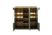 Stauraumvitrine >MONIZ<  3 Türen, LED, Salbei grün/ Eichenfarben Dekor - 138x144x38 (BxHxT)