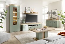 Wohnwand >MONIZ< (3-teilig) mit LED, Salbei grün/Eiche Evoke Dekor - 280x198x44 (BxHxT)