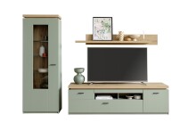 Wohnwand >MONIZ< (3-teilig) mit LED, Salbei grün/Eiche Evoke Dekor - 280x198x44 (BxHxT)