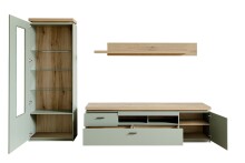 Wohnwand >MONIZ< (3-teilig) mit LED, Salbei grün/Eiche Evoke Dekor - 280x198x44 (BxHxT)