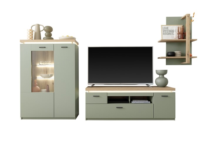 Wohnwand >MONIZ< (3-teilig) mit LED, Salbei grün/Eiche Evoke Dekor - 324x198x44 (BxHxT)