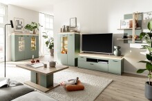 Wohnwand >MONIZ< (3-teilig) mit LED, Salbei grün/Eiche Evoke Dekor - 324x198x44 (BxHxT)