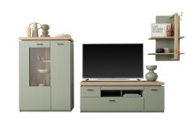 Wohnwand >MONIZ< (3-teilig) mit LED, Salbei grün/Eiche Evoke Dekor - 324x198x44 (BxHxT)
