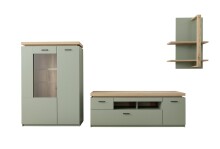 Wohnwand >MONIZ< (3-teilig) mit LED, Salbei grün/Eiche Evoke Dekor - 324x198x44 (BxHxT)