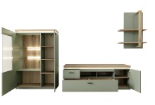 Wohnwand >MONIZ< (3-teilig) mit LED, Salbei grün/Eiche Evoke Dekor - 324x198x44 (BxHxT)