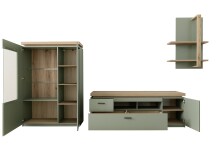 Wohnwand >MONIZ< (3-teilig) mit LED, Salbei grün/Eiche Evoke Dekor - 324x198x44 (BxHxT)