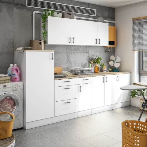 Küchenblock >KIRA< in Weiß glänzend / Eiche Dekor - 300x211x60 (BxHxT)