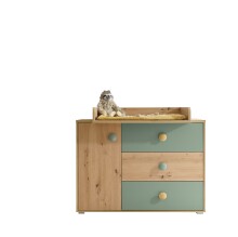 Wickelkommode >Birta< 3 Schübe, 1 Tür, Artisan Eiche Dekor /Salbei - 120x99,3x77,6cm (BxHxT)