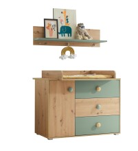 Wandboard >Birta< 3 Haken, Ablage, Artisan Eiche Dekor / Salbei - 120x30x25,5cm (BxHxT)
