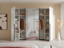 Kleiderschrank >Maturs< 10 Böden, 2 Stangen, Weiß Dekorfolie / Spiegel - 267x205x57cm (BxHxT)