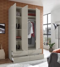 Drehtürenschrank >Jenna< 3 Türen, 4 Schübe, 4 Böden,1 Stange, Champagner - 126x208x57 (BxHxT)