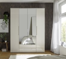 Drehtürenschrank >Jenna< 9 Böden, 1 Stange, 2 Schübe, Champagner / Spiegel - 160x208x57 (BxHxT)