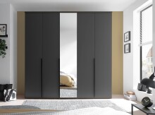 Drehtürenschrank >Kevo<  3 Stangen, 3 Böden, 5 Türen, Graphit / Spiegel - 225x225x52cm (BxHxT)