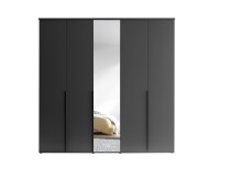 Drehtürenschrank >Kevo<  3 Stangen, 3 Böden, 5 Türen, Graphit / Spiegel - 225x225x52cm (BxHxT)