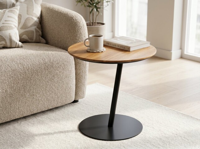 Beistelltisch >Lea< in schwarz + Wildeiche, Metall + Massivholz - 49x50cm (HxD)
