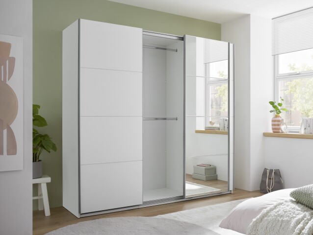 Schwebetürenschrank >Carano< Weiß / Spiegel, VOLLAUSSTATTUNG mit Spiegeltür, Schubladen und Einlegeböden - 215x204x63cm (BxHxT)