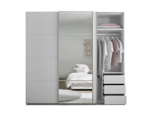 Schwebetürenschrank >Carano< Weiß / Spiegel, VOLLAUSSTATTUNG mit Spiegeltür, Schubladen und Einlegeböden - 215x204x63cm (BxHxT)