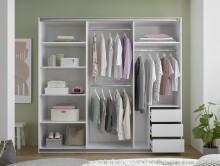 Schwebetürenschrank >Carano< Weiß / Spiegel, VOLLAUSSTATTUNG mit Spiegeltür, Schubladen und Einlegeböden - 215x204x63cm (BxHxT)