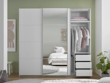 Schwebetürenschrank >Carano< Weiß / Spiegel, VOLLAUSSTATTUNG mit Spiegeltür, Schubladen und Einlegeböden - 215x204x63cm (BxHxT)