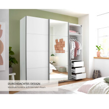 Schwebetürenschrank >Carano< Weiß / Spiegel, VOLLAUSSTATTUNG mit Spiegeltür, Schubladen und Einlegeböden - 215x204x63cm (BxHxT)