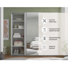 Schwebetürenschrank >Carano< Weiß / Spiegel, VOLLAUSSTATTUNG mit Spiegeltür, Schubladen und Einlegeböden - 215x204x63cm (BxHxT)