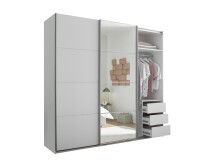 Schwebetürenschrank >Carano< Weiß / Spiegel, VOLLAUSSTATTUNG mit Spiegeltür, Schubladen und Einlegeböden - 215x204x63cm (BxHxT)