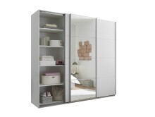 Schwebetürenschrank >Carano< Weiß / Spiegel, VOLLAUSSTATTUNG mit Spiegeltür, Schubladen und Einlegeböden - 215x204x63cm (BxHxT)