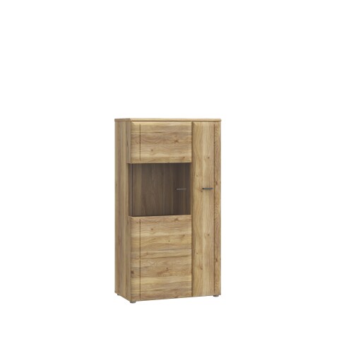 Stauraumvitrine >AKINORI< 2 Türen, in Mauvella Eiche Dekor - 75,1x140x41,8cm (BxHxT)