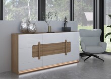 Sideboard >ATTENTION< 3 Türen, 1 Schub, LED, Eiche Dekor / Weiß - 194,6x91,6x41,5cm (BxHxT)