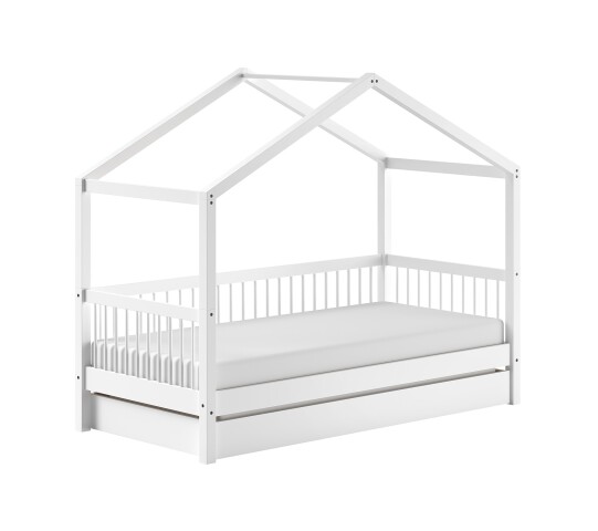 Hausbett >Buche Massiv< in Buche massiv weiß lackiert - 207,5x170x97,5 (BxHxT)