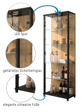 Glasvitrine >OPTIMA< Schwarz/Wildeiche-Dekor, LED Beleuchtung - 57,6x171,8x32cm (BxHxT)