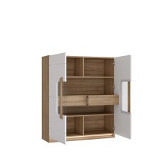 Stauraumvitrine >ATTENTION< 2 Türen, 2 Schübe, Eiche Dekor / Weiß Gloss - 119,9x139,6x41,5cm BxHxT
