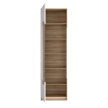 Vitrine >ATTENTION< 5 Böden, Riviera Eiche Dekor / Weiß Gloss - 60,2x210x34,3cm (BxHxT)