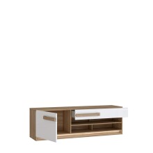 Lowboard >ATTENTION< LED, 1 Tür, 1 Schub, Eiche Dekor / Weiß Gloss - 159,9x50x41,5cm BxHxT