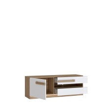 Lowboard >ATTENTION< LED, 1 Tür, 2 Schübe, Eiche Dekor / Weiß Gloss - 139,9x50x41,5cm BxHxT