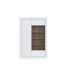 Stauraumvitrine >LEFKADAS< 2 Türen, 7 Böden, Weiss/ Mauvella Eiche Dekor - 101x151,2x41,4cm BxHxT