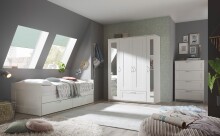 Funktionsbett >Lepini< Liegefläche 90/180x200cm, Schübe, Weiß Dekor - 204x67x97cm (BxHxT)