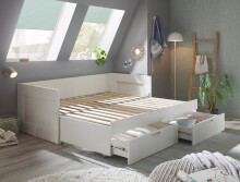 Funktionsbett >Lepini< Liegefläche 90/180x200cm, Schübe, Weiß Dekor - 204x67x97cm (BxHxT)
