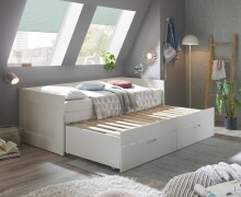 Funktionsbett >Lepini< Liegefläche 90/180x200cm, Schübe, Weiß Dekor - 204x67x97cm (BxHxT)