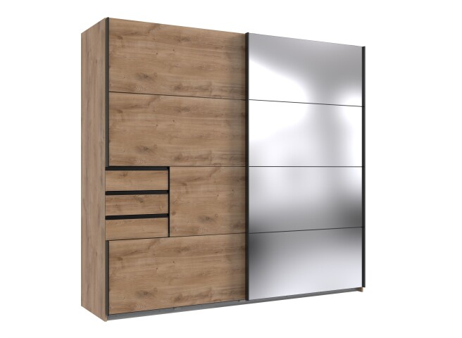 Schwebetürenschrank >Saigon< 3 Schübe, Spiegel / Plankeneiche Nachbildung - 225x208x64cm (BxHxT)