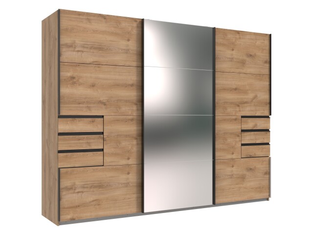 Schwebetürenschrank >Saigon< 6 Schübe, Spiegel / Plankeneiche Nachbildung - 270x208x64cm (BxHxT)
