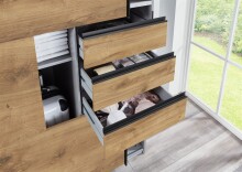 Schwebetürenschrank >Saigon< 6 Schübe, Spiegel / Plankeneiche Nachbildung - 270x208x64cm (BxHxT)