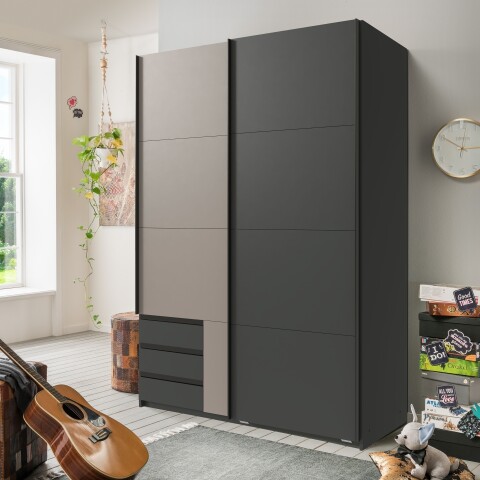 Schwebetürenschrank >Emden< 2 Schübe, GRAFIT + SAHARAGRAU - 135x198x65cm (BxHxT)