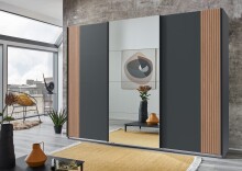 Schwebetürenschrank >Malaga< Spiegel / Graphit & Akustiklamelle Artisan Eiche - 270x208x64cm BxHxT