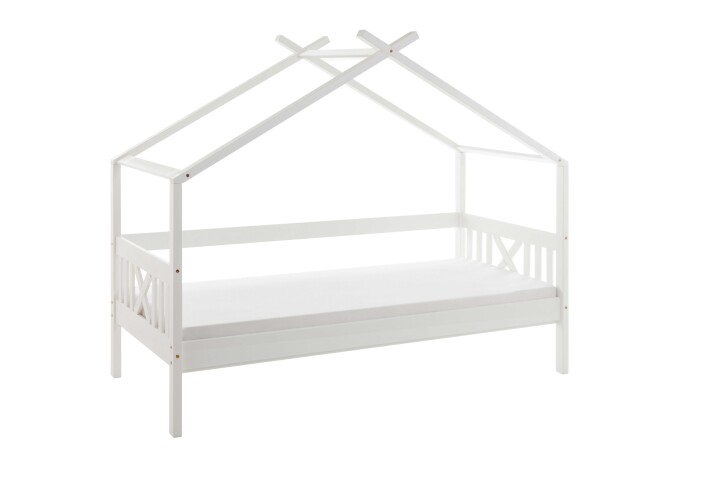 Hausbett >Susa< Liegefläche 90x200cm, Rollrost, Weiß, teilmassiv - 207x170x98cm BxHxT