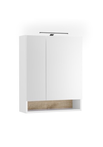 Badezimmerspiegelschrank >Denver< LED, Steckdose, weiß matt / eiche Dekor - 60x75x22 (BxHxT)